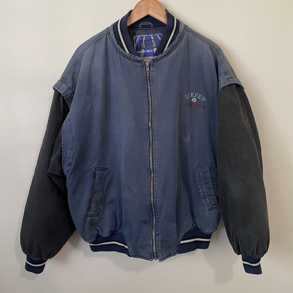 VINTAGE Blue Black 90s Varsity Bomber Jacket Mens L Retro Campus Americana